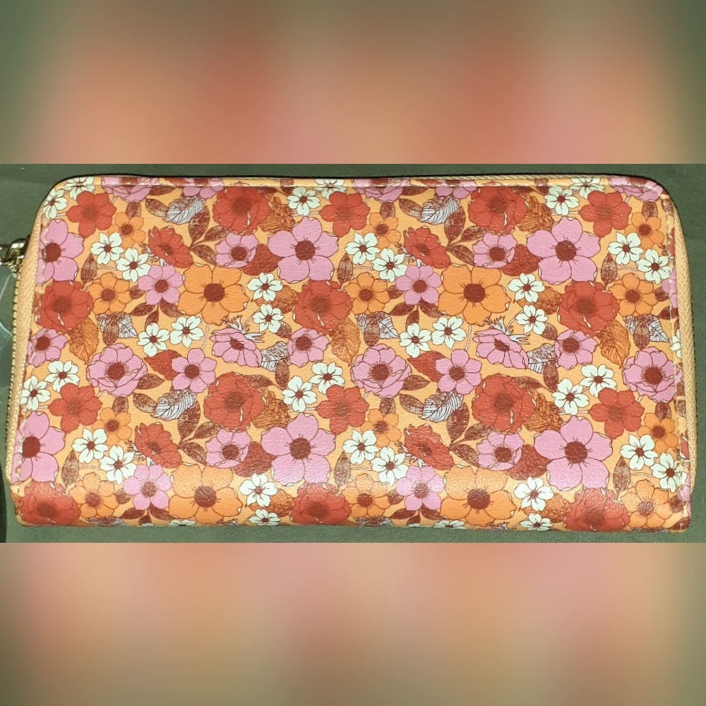 Time and Tru leather orange and pink floral retro wallet clutch bifold